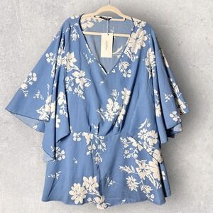 New BloomChic Floral Tunic Top Women 28 Plus Size Blue White Flowy Sleeve V-Neck